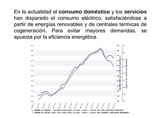 En la actualidad el consumo doméstico y los servicios
han disparado el consumo eléctrico, satisfaciéndose a
partir de energías renovables y de centrales térmicas de
cogeneración. Para evitar mayores demandas, se
apuesta por la eficiencia energética.
 