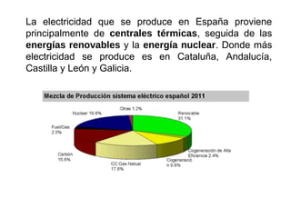 La electricidad que se produce en España proviene
principalmente de centrales térmicas, seguida de las
energías renovables y la energía nuclear. Donde más
electricidad se produce es en Cataluña, Andalucía,
Castilla y León y Galicia.
 