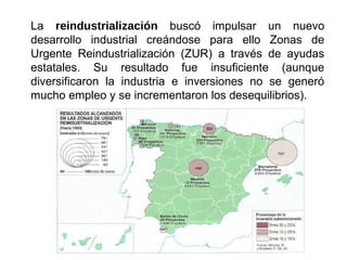 La reindustrialización buscó impulsar un nuevo
desarrollo industrial creándose para ello Zonas de
Urgente Reindustrialización (ZUR) a través de ayudas
estatales. Su resultado fue insuficiente (aunque
diversificaron la industria e inversiones no se generó
mucho empleo y se incrementaron los desequilibrios).
 