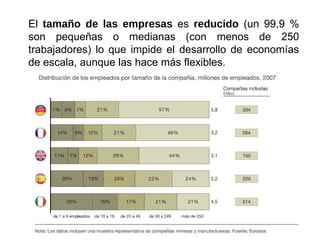 El tamaño de las empresas es reducido (un 99,9 %
son pequeñas o medianas (con menos de 250
trabajadores) lo que impide el desarrollo de economías
de escala, aunque las hace más flexibles.
 