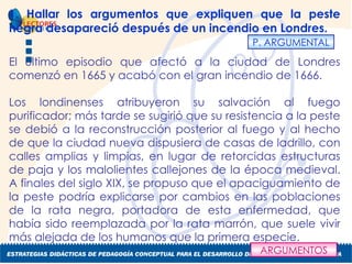 1. Hallar los argumentos que expliquen que la peste negra desapareció después de un incendio en Londres. El último episodio que afectó a la ciudad de Londres comenzó en 1665 y acabó con el gran incendio de 1666. Los londinenses atribuyeron su salvación al fuego purificador; más tarde se sugirió que su resistencia a la peste se debió a la reconstrucción posterior al fuego y al hecho de que la ciudad nueva dispusiera de casas de ladrillo, con calles amplias y limpias, en lugar de retorcidas estructuras de paja y los malolientes callejones de la época medieval. A finales del siglo XIX, se propuso que el apaciguamiento de la peste podría explicarse por cambios en las poblaciones de la rata negra, portadora de esta enfermedad, que había sido reemplazada por la rata marrón, que suele vivir más alejada de los humanos que la primera especie. ARGUMENTOS P. ARGUMENTAL 