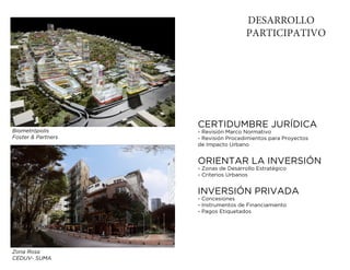 DESARROLLO
                                      PARTICIPATIVO




                    CERTIDUMBRE JURÍDICA
Biometrópolis       - Revisión Marco Normativo
Foster & Partners   - Revisión Procedimientos para Proyectos
                    de Impacto Urbano


                    ORIENTAR LA INVERSIÓN
                    - Zonas de Desarrollo Estratégico
                    - Criterios Urbanos


                    INVERSIÓN PRIVADA
                    - Concesiones
                    - Instrumentos de Financiamiento
                    - Pagos Etiquetados




Zona Rosa
CEDUV- SUMA
 