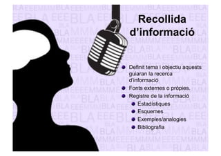 Recollida 
d’informació 
" Definit tema i objectiu aquests 
guiaran la recerca 
d’informació 
" Fonts externes o pròpies. 
" Registre de la informació 
" Estadístiques 
" Esquemes 
" Exemples/analogies 
" Bibliografia 
 
