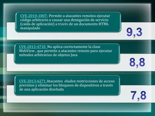 CVE-2010-1807- Permite a atacantes remotos ejecutar
código arbitrario o causar una denegación de servicio
(caída de aplicación) a través de un documento HTML
manipulado
CVE-2013-4710 No aplica correctamente la clase
WebView , que permite a atacantes remoto para ejecutar
métodos arbitrarios de objetos Java
CVE-2013-6271 Atacantes eluden restricciones de acceso
previstos y eliminar los bloqueos de dispositivos a través
de una aplicación diseñada
 
