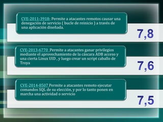 CVE-2011-3918- Permite a atacantes remotos causar una
denegación de servicio ( bucle de reinicio ) a través de
una aplicación diseñada.
CVE-2013-6770 Permite a atacantes ganar privilegios
mediante el aprovechamiento de la cáscara ADB acceso y
una cierta Linux UID , y luego crear un script caballo de
Troya
CVE-2014-8507 Permite a atacantes remoto ejecutar
comandos SQL de su elección, y por lo tanto ponen en
marcha una actividad o servicio
 