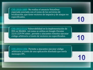 CVE-2010-1809 No realiza el anuncio VoiceOver
esperada asociada con el icono de los servicios de
localización, que tiene vectores de impacto y de ataque no
especificados.
CVE-2012-5112 Vulnerabilidad en la implementación de
SVG en WebKit , tal como se utiliza en Google Chrome
22.0.1229.94 antes , permite a atacantes remotos ejecutar
código arbitrario a través de vectores no especificados.
CVE-2014-1356 Permite a atacantes ejecutar código
arbitrario a través de una aplicación diseñada que envía
mensajes IPC.
 