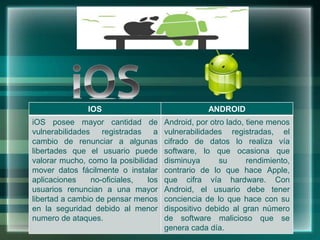 IOS ANDROID
iOS posee mayor cantidad de
vulnerabilidades registradas a
cambio de renunciar a algunas
libertades que el usuario puede
valorar mucho, como la posibilidad
mover datos fácilmente o instalar
aplicaciones no-oficiales, los
usuarios renuncian a una mayor
libertad a cambio de pensar menos
en la seguridad debido al menor
numero de ataques.
Android, por otro lado, tiene menos
vulnerabilidades registradas, el
cifrado de datos lo realiza vía
software, lo que ocasiona que
disminuya su rendimiento,
contrario de lo que hace Apple,
que cifra vía hardware. Con
Android, el usuario debe tener
conciencia de lo que hace con su
dispositivo debido al gran número
de software malicioso que se
genera cada día.
 