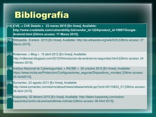 Bibliografía
[15] CVE, « CVE Details » 23 marzo 2015 [En línea]. Available:
http://www.cvedetails.com/vulnerability-list/vendor_id-1224/product_id-19997/Google-
Android.html [Último acceso: 17 Marzo 2015].
[16] Wikipedia, 8 enero 2015 [En línea]. Available: http://es.wikipedia.org/wiki/IOS [Último acceso: 27
Marzo 2015].
[17] Rollanwar, « Blog » 15 abril 2012 [En línea]. Available:
http://rollanwar.blogspot.com/2012/04/evolucion-de-android-en-seguridad.html [Último acceso: 24
Febrero 2015].
[18] Instituo Nacional de Cyberseguridad, « INCIBE » 26 octubre 2012 [En línea]. Available:
https://www.incibe.es/Proteccion/Configuraciones_seguras/Dispositivos_moviles/ [Último acceso:
05 Abril2015].
[19] Symantec, 23 agosto 2011 [En línea]. Available:
http://www.symantec.com/es/mx/about/news/release/article.jsp?prid=20110823_01 [Último acceso:
06 Abril 2015].
[20] Kaspersky, 02 febrero 2015 [En línea]. Available: http://latam.kaspersky.com/sobre-
kaspersky/centro-de-prensa/ultimas-noticias [Último acceso: 06 Abril 2015].
 