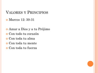  Marcos 12: 30-31
 Amar a Dios y a tu Prójimo
 Con todo tu corazón
 Con toda tu alma
 Con toda tu mente
 Con toda tu fuerza
VALORES Y PRINCIPIOS
 