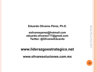 22
Eduardo
Olivares
Pérez,
Ph.D.
Eduardo Olivares Pérez, Ph.D.
eolivaresperez@hotmail.com
eduardo.olivares777@gmail.com
Twitter: @OlivaresEduardo
www.liderazgoestrategico.net
www.olivaresoluciones.com.mx
 