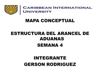 MAPA CONCEPTUAL
ESTRUCTURA DEL ARANCEL DE
ADUANAS
SEMANA 4
INTEGRANTE
GERSON RODRIGUEZ
 