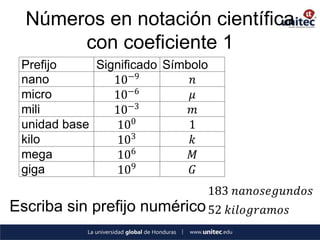 Números en notación científica
       con coeficiente 1
 Prefijo     Significado Símbolo
 nano           10−9         𝑛
 micro          10−6         𝜇
 mili           10−3         𝑚
 unidad base    100          1
 kilo           103          𝑘
 mega           106          𝑀
 giga           109          𝐺
                               183 𝑛𝑎𝑛𝑜𝑠𝑒𝑔𝑢𝑛𝑑𝑜𝑠
Escriba sin prefijo numérico 52    𝑘𝑖𝑙𝑜𝑔𝑟𝑎𝑚𝑜𝑠
 