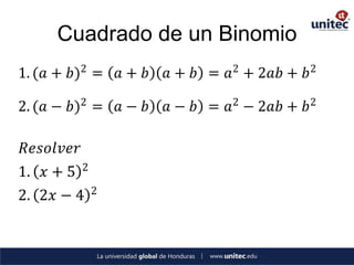 Cuadrado de un Binomio
1. (𝑎 + 𝑏)2 = 𝑎 + 𝑏   𝑎 + 𝑏 = 𝑎2 + 2𝑎𝑏 + 𝑏 2

2. (𝑎 − 𝑏)2 = 𝑎 − 𝑏   𝑎 − 𝑏 = 𝑎2 − 2𝑎𝑏 + 𝑏 2

𝑅𝑒𝑠𝑜𝑙𝑣𝑒𝑟
1. 𝑥 + 5 2
2. 2𝑥 − 4 2
 