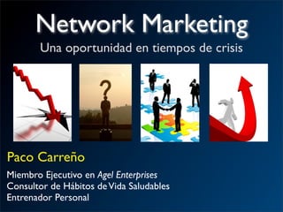 Network Marketing
       Una oportunidad en tiempos de crisis




Paco Carreño
Miembro Ejecutivo en Agel Enterprises
Consultor de Hábitos de Vida Saludables
Entrenador Personal
 