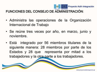 FUNCIONES DEL CONSEJO DE ADMINISTRACIÓN:
• Administra las operaciones de la Organización
Internacional de Trabajo
• Se reúne tres veces por año, en marzo, junio y
noviembre.
• Está integrado por 56 miembros titulares de la
siguiente manera: 28 miembros por parte de los
Estados y 28 que representa por mitad a los
trabajadores y la otra parte a los trabajadores.
 