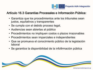Artículo 16.3 Garantías Procesales e Información Pública:
• Garantiza que los procedimientos ante los tribunales sean
justos, equitativos y transparentes
• Se cumpla con el debido proceso legal,
• Audiencias sean abiertas al público
• Procedimientos no impliquen costos o plazos irrazonables
• Procedimientos sean imparciales e independientes
• Que se promueva el conocimiento público de la legislación
laboral
• Se garantice la disponibilidad de la info9rmación pública
 