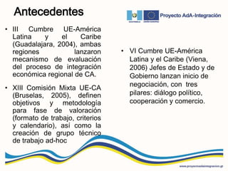 Antecedentes
• III Cumbre UE-América
Latina y el Caribe
(Guadalajara, 2004), ambas
regiones lanzaron
mecanismo de evaluación
del proceso de integración
económica regional de CA.
• XIII Comisión Mixta UE-CA
(Bruselas, 2005), definen
objetivos y metodología
para fase de valoración
(formato de trabajo, criterios
y calendario), así como la
creación de grupo técnico
de trabajo ad-hoc
• VI Cumbre UE-América
Latina y el Caribe (Viena,
2006) Jefes de Estado y de
Gobierno lanzan inicio de
negociación, con tres
pilares: diálogo político,
cooperación y comercio.
 