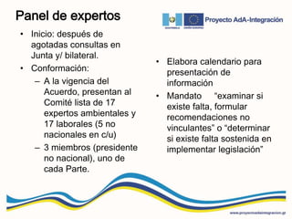Panel de expertos
• Inicio: después de
agotadas consultas en
Junta y/ bilateral.
• Conformación:
– A la vigencia del
Acuerdo, presentan al
Comité lista de 17
expertos ambientales y
17 laborales (5 no
nacionales en c/u)
– 3 miembros (presidente
no nacional), uno de
cada Parte.
• Elabora calendario para
presentación de
información
• Mandato “examinar si
existe falta, formular
recomendaciones no
vinculantes” o “determinar
si existe falta sostenida en
implementar legislación”
 