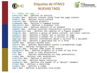 Etiquetas de HTML5
NUEVAS TAGS
 