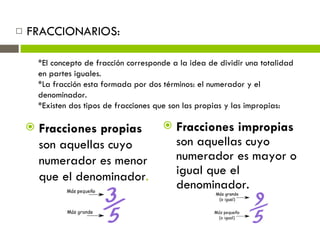 FRACCIONARIOS: *El concepto de fracción corresponde a la idea de dividir una totalidad en partes iguales. *La fracción esta formada por dos términos: el numerador y el denominador. *Existen dos tipos de fracciones que son las propias y las impropias: Fracciones propias  son aquellas cuyo numerador es menor que el denominador .  Fracciones impropias  son aquellas cuyo numerador es mayor o igual que el denominador.  