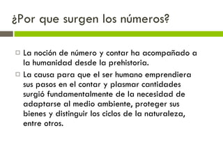 ¿Por que surgen los números? La noción de número y contar ha acompañado a la humanidad desde la prehistoria.  La causa para que el ser humano emprendiera sus pasos en el contar y plasmar cantidades surgió fundamentalmente de la necesidad de adaptarse al medio ambiente, proteger sus bienes y distinguir los ciclos de la naturaleza, entre otros.  