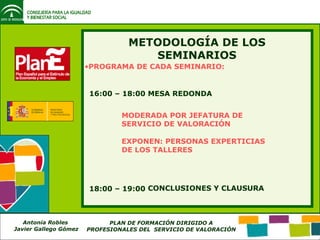 METODOLOGÍA DE LOS SEMINARIOS PROGRAMA DE CADA SEMINARIO: 16:00 – 18:00 18:00 – 19:00 MESA REDONDA MODERADA POR JEFATURA DE SERVICIO DE VALORACIÓN EXPONEN: PERSONAS EXPERTICIAS DE LOS TALLERES CONCLUSIONES Y CLAUSURA 