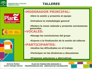 TALLERES VOCALES: Recoge las conclusiones del grupo Expone a la finalización de la sesión de talleres PARTICIPANTES: Analiza las dificultades en el trabajo Participan en las dinámicas y discusiones Proponen soluciones y alternativas MODERADOR PRINCIPAL: Abre la sesión y presenta al equipo Introduce la metodología general Modera la mesa redonda y presenta conclusiones generales. 