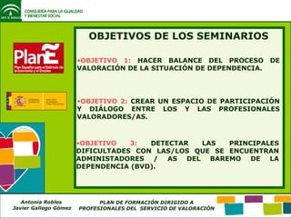 OBJETIVOS DE LOS SEMINARIOS OBJETIVO 1:  HACER BALANCE DEL PROCESO DE VALORACIÓN DE LA SITUACIÓN DE DEPENDENCIA. OBJETIVO 2:  CREAR UN ESPACIO DE PARTICIPACIÓN Y DIÁLOGO ENTRE LOS Y LAS PROFESIONALES VALORADORES/AS. OBJETIVO 3:  DETECTAR LAS PRINCIPALES DIFICULTADES CON LAS/LOS QUE SE ENCUENTRAN ADMINISTADORES / AS DEL BAREMO DE LA DEPENDENCIA (BVD). 