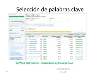 Selección de palabras clave




     KeyWord Tool External – Herramienta de Palabras Clave

                                          Lorenzo Solís
25                                           S.E.M.
 