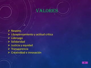 valores


   Respeto
   Librepensamiento y actitud crítica
   Liderazgo
   Solidaridad
   Justicia y equidad
   Transparencia
   Creatividad e innovación
 