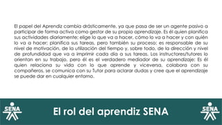 El rol del aprendiz SENA
El papel del Aprendiz cambia drásticamente, ya que pasa de ser un agente pasivo a
participar de forma activa como gestor de su propio aprendizaje. Es él quien planifica
sus actividades diariamente; elige lo que va a hacer, cómo lo va a hacer y con quién
lo va a hacer; planifica sus tareas, pero también su proceso; es responsable de su
nivel de motivación, de la utilización del tiempo y, sobre todo, de la dirección y nivel
de profundidad que va a imprimir cada día a sus tareas. Los instructores/tutores lo
orientan en su trabajo, pero él es el verdadero mediador de su aprendizaje: Es él
quien relaciona su vida con lo que aprende y viceversa, colabora con su
compañeros, se comunica con su Tutor para aclarar dudas y cree que el aprendizaje
se puede dar en cualquier entorno.
 