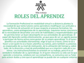 ROLES DEL APRENDIZ
La Formación Profesional en modalidad virtual o a distancia plantea la
necesidad de que tanto tutores como aprendices modifiquen sus actitudes y
sus formas de actuación en lo que respecta al proceso formativo; los
aprendices, como protagonistas de su aprendizaje, requieren tomar conciencia
de la necesidad de desarrollar una serie de habilidades y responsabilidades que
les permita tener un buen desempeño en sus actividades de aprendizaje. El
papel del Aprendiz cambia drásticamente, ya que pasa de ser un agente pasivo
a participar de forma activa como gestor de su propio aprendizaje. Es él quien
planifica sus actividades diariamente; elige lo que va a hacer, cómo lo va a
hacer y con quién lo va a hacer; planifica sus tareas, pero también su proceso;
es responsable de su nivel de motivación, de la utilización del tiempo y, sobre
todo, de la dirección y nivel de profundidad que va a imprimir cada día a sus
tareas. Los instructores/tutores lo orientan en su trabajo, pero él es el
verdadero mediador de su aprendizaje: Es él quien relaciona su vida con lo que
aprende y viceversa, colabora con sus compañeros, se comunica con su Tutor
para aclarar dudas y cree que el aprendizaje se puede dar en cualquier entorno.
 