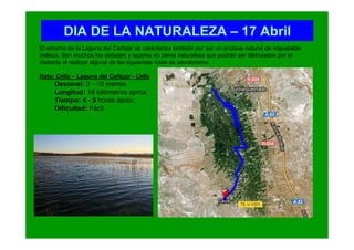 DIA DE LA NATURALEZA – 17 Abril
El entorno de la Laguna del Cañizar se caracteriza también por ser un enclave natural de inigualable
belleza. Son muchos los paisajes y lugares en plena naturaleza que podrán ser disfrutados por el
visitante al realizar alguna de las siguientes rutas de senderismo:

Ruta: Cella – Laguna del Cañizar - Cella
     Desnivel: 0 - 10 metros
     Longitud: 18 kilómetros aprox.
     Tiempo: 4 - 5 horas aprox.
     Dificultad: Fácil
 