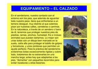 EQUIPAMIENTO – EL CALZADO
En el senderismo, nuestro contacto con el
entorno son los pies, que además de aguantar
todo nuestro peso, tiene que enfrentarse a un
terreno desigual, muy distinto al que solemos
pisar por nuestras calles, carreteras o caminos.
En la naturaleza, a través de un sendero o fuera
de él, tenemos que proteger nuestros pies de
piedras, ramas, pinchos, humedad, frío e incluso
animales que puedan dañarnos. Lo mejor son
unas botas con un dibujo bien marcado en la
suela, caña alta para proteger el tobillo de golpes
y torceduras, y unos cordones que permitan un
ajuste perfecto. Para la práctica del senderismo
evitaremos botas excesivamente rígidas y sobre
todo, trataremos de no estrenarlas en una
marcha larga; antes hay que adaptarlas a los
pies, “domarlas” con pequeños recorridos para
evitar rozaduras u otras lesiones.
 