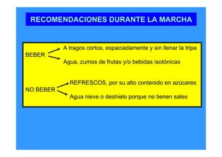 RECOMENDACIONES DURANTE LA MARCHA


           A tragos cortos, espaciadamente y sin llenar la tripa
BEBER
           Agua, zumos de frutas y/o bebidas isotónicas


             REFRESCOS, por su alto contenido en azúcares
NO BEBER
             Agua nieve o deshielo porque no tienen sales
 