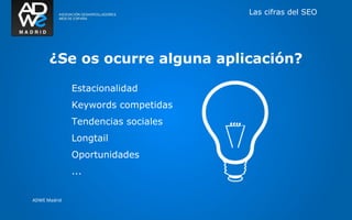 Las cifras del SEO




      ¿Se os ocurre alguna aplicación?

              Estacionalidad
              Keywords competidas
              Tendencias sociales
              Longtail
              Oportunidades
              ...

ADWE Madrid
 