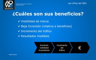 Las cifras del SEO




    ¿Cuáles son sus beneficios?
              ✔ Visibilidad de marca
              ✔ Baja Inversión (relativa a beneficios)
              ✔ Incremento del tráfico
              ✔ Resultados medibles


                              Aumento       Incremento
                              visibilidad
                             buscadores
                                                 del
                                               tráfico
                                                                   €
ADWE Madrid
 