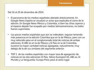Conclusiones
Del 16 al 20 de diciembre de 2014:
• El panorama de los medios españoles alterado drásticamente. En
Google Ne...