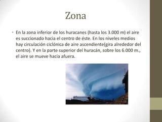 Zona
• En la zona inferior de los huracanes (hasta los 3.000 m) el aire
es succionado hacia el centro de éste. En los niveles medios
hay circulación ciclónica de aire ascendiente(gira alrededor del
centro). Y en la parte superior del huracán, sobre los 6.000 m.,
el aire se mueve hacia afuera.