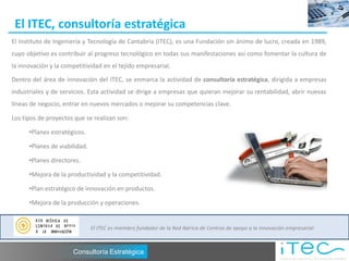 El ITEC, consultoría estratégica
El Instituto de Ingeniería y Tecnología de Cantabria (ITEC), es una Fundación sin ánimo de lucro, creada en 1989,
cuyo objetivo es contribuir al progreso tecnológico en todas sus manifestaciones así como fomentar la cultura de
la innovación y la competitividad en el tejido empresarial.

Dentro del área de innovación del ITEC, se enmarca la actividad de consultoría estratégica, dirigida a empresas
industriales y de servicios. Esta actividad se dirige a empresas que quieran mejorar su rentabilidad, abrir nuevas
líneas de negocio, entrar en nuevos mercados o mejorar su competencias clave.

Los tipos de proyectos que se realizan son:

      •Planes estratégicos.

      •Planes de viabilidad.

      •Planes directores.

      •Mejora de la productividad y la competitividad.

      •Plan estratégico de innovación en productos.

      •Mejora de la producción y operaciones.


                               El ITEC es miembro fundador de la Red Ibérica de Centros de apoyo a la innovación empresarial



                      Consultoría Estratégica
 