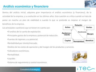 Análisis económico y financiero
Dentro del análisis inicial, adquiere gran importancia el análisis económico (y financiero), de la
actividad de la empresa, y su evolución en los últimos años. Esta cuestión es crítica cuando se trata de
poner en marcha un plan de viabilidad o cuando lo que se pretende es mejorar el margen de
beneficios de la empresa.
Las principales cuestiones que se tienen en cuenta son:
     •El análisis de la cuenta de explotación.
     •Principales gastos de la empresa y potencial de reducción.
     •Fuentes de ingresos y su potencial.
     •Rentabilidad por cliente/mercado.
     •Análisis de los costes de operación y del margen de los productos y servicios.
     •Indicadores económicos.
     •Rentabilidad.
     •Liquidez.
     •Sistema de seguimiento y control económico.


                      Consultoría Estratégica
 
