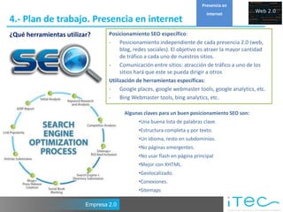 Presencia en
                                                                           internet
4.- Plan de trabajo. Presencia en internet
¿Qué herramientas utilizar?      Posicionamiento SEO específico:
                                 - Posicionamiento independiente de cada presencia 2.0 (web,
                                      blog, redes sociales). El objetivo es atraer la mayor cantidad
                                      de tráfico a cada uno de nuestros sitios.
                                 - Comunicación entre sitios: atracción de tráfico a uno de los
                                      sitios hará que este se pueda dirigir a otros
                                 Utilización de herramientas específicas:
                                 - Google places, google webmaster tools, google analytics, etc.
                                 - Bing Webmaster tools, bing analytics, etc.

                                       Algunas claves para un buen posicionamiento SEO son:
                                             •Una buena lista de palabras clave.
                                             •Estructura completa y por texto.
                                             •Un idioma, resto en subdominios.
                                             •No páginas emergentes.
                                             •No usar flash en página principal
                                             •Mejor con XHTML.
                                             •Geolocalizado.
                                             •Conexiones.
                                             •Sitemaps

                         Empresa 2.0
 
