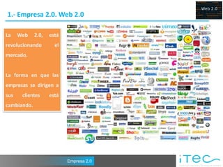 1.- Empresa 2.0. Web 2.0

La    Web    2.0,   está
revolucionando        el
mercado.


La forma en que las
empresas se dirigen a
sus    clientes     está
cambiando.




                           Empresa 2.0
 