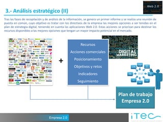 3.- Análisis estratégico (II)
Tras las fases de recopilación y de análisis de la información, se genera un primer informe y se realiza una reunión de
puesta en común, cuyo objetivo es tratar con los directivos de la empresa las mejores opciones a ser tenidas en el
plan de estrategia digital, teniendo en cuenta las aplicaciones Web 2.0. Estas acciones se priorizan para destinar los
recursos disponibles a las mejores opciones que tengan un mayor impacto potencial en el mercado.



                                                           Recursos
                                                   Acciones comerciales

                                          +           Posicionamiento
                                                      Objetivos y retos
                                                          Indicadores
                                                         Seguimiento


                                                                                         Plan de trabajo
                                                                                          Empresa 2.0

                                   Empresa 2.0
 