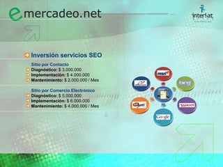 Inversión servicios SEOSitio por ContactoDiagnóstico: $ 3.000.000Implementación: $ 4.000.000Mantenimiento: $ 2.000.000 / Mes	Sitio por Comercio ElectrónicoDiagnóstico: $ 5.000.000Implementación: $ 6.000.000Mantenimiento: $ 4.000.000 / Mes  