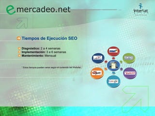 Tiempos de Ejecución SEODiagnóstico: 2 a 4 semanasImplementación: 3 a 6 semanasMantenimiento: Mensual 	* Estos tiempos pueden variar según el contenido del Website. 