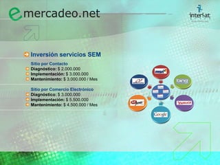 Inversión servicios SEMSitio por ContactoDiagnóstico: $ 2.000.000Implementación: $ 3.000.000Mantenimiento: $ 3.000.000 / Mes	Sitio por Comercio ElectrónicoDiagnóstico: $ 3.000.000Implementación: $ 5.500.000Mantenimiento: $ 4.500.000 / Mes  