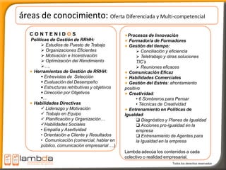 áreas de conocimiento: Oferta Diferenciada y Multi-competencial
   CONTENIDOS                                      Procesos de Innovación
   Políticas de Gestión de RRHH:                   Formador/a de Formadores
         Estudios de Puesto de Trabajo            Gestión del tiempo:
         Organizaciones Eficientes                     Conciliación y eficiencia
         Motivación e Incentivación                    Teletrabajo y otras soluciones
         Optimización del Rendimiento                 TIC’s
        ….                                             Reuniones eficaces
    Herramientas de Gestión de RRHH:               Comunicación Eficaz
         Entrevistas de Selección                 Habilidades Comerciales
         Evaluación del Desempeño                 Gestión del Estrés: afrontamiento
         Estructuras retributivas y objetivos   positivo
         Dirección por Objetivos                  Creatividad:
        …                                             • 6 Sombreros para Pensar
    Habilidades Directivas                             • Técnicas de Creatividad
         Liderazgo y Motivación                   Entrenamiento en Políticas de
         Trabajo en Equipo                      Igualdad:
         Planificación y Organización…                 Diagnóstico y Planes de Igualdad
        Habilidades Sociales                           Acciones pro-igualdad en la
        • Empatía y Asertividad                        empresa
        • Orientación a Cliente y Resultados            Entrenamiento de Agentes para
        • Comunicación (comercial, hablar en           la Igualdad en la empresa
        público, comunicación empresarial….)
                                                 Lambda adecúa los contenidos a cada
                                                 colectivo o realidad empresarial.
                                                                        Todos los derechos reservados
 