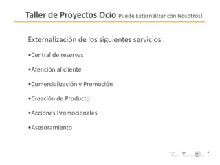 Taller de Proyectos Ocio Puede Externalizar con Nosotros!
Externalización de los siguientes servicios :
•Central de reservas
•Atención al cliente
•Comercialización y Promoción
•Creación de Producto
•Acciones Promocionales
•Asesoramiento
 