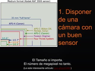 1. Disponer
de una
cámara con
un buen
sensor
El Tamaño si importa.
El número de megapixel no tanto.
(Le este interesante artículo: goo.gl/gx2GMD)
 